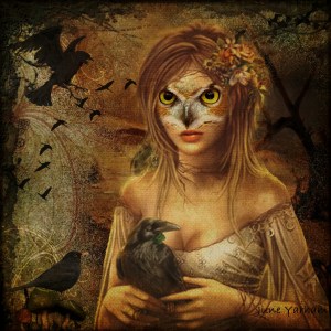 Blodeuwedd, made from flowers and turned into an owl. 'The Bird Woman' by June Yarham