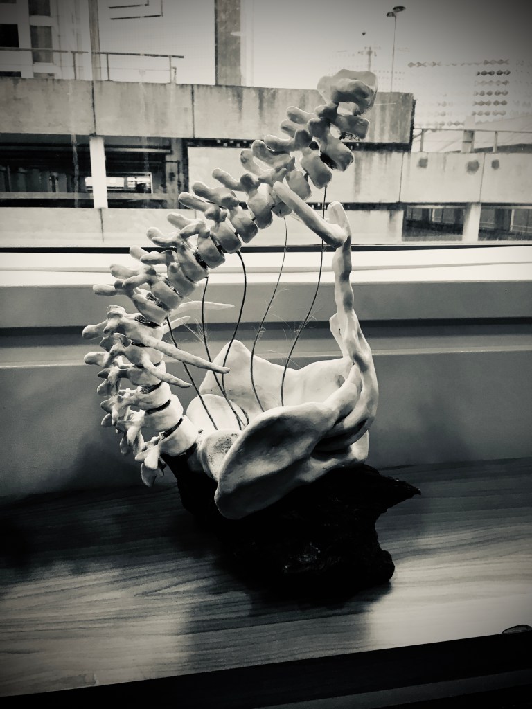 Black & white photo of a 'bone harp' model, brought by Lucy Hounsom & relating to the folktale in her book 'Sistersong'.